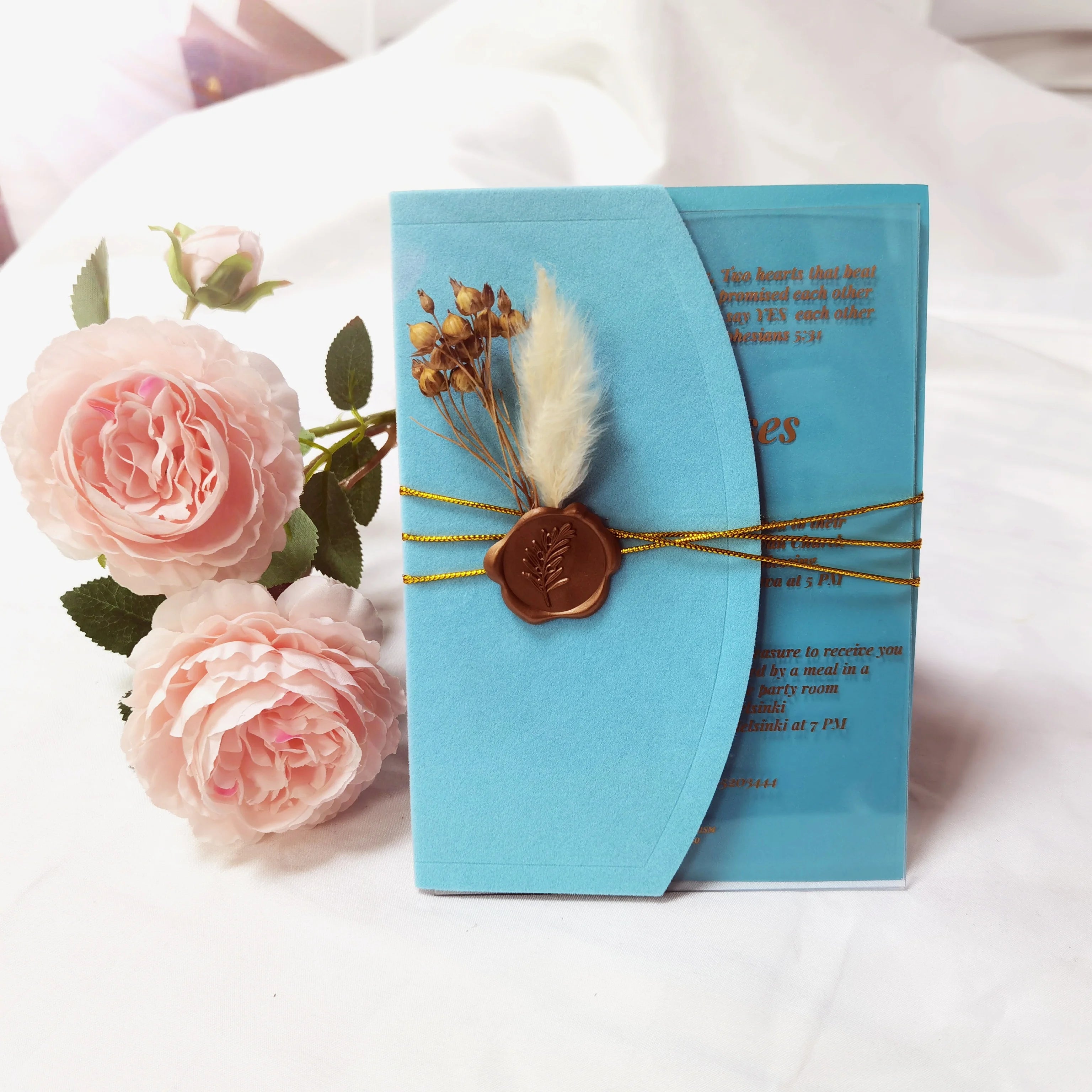 Luxurious Unique Acrylic Wedding Invitation Glass With Blue Half Folded Envelope Wax Seal Flowers Template Faire Part Mariage