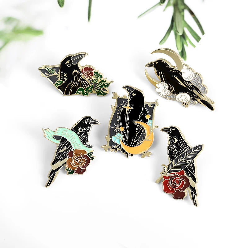 Crow Raven Hard Enamel Plated Pins Custom Bird Feather Moon Flowers Brooches Bag for Punk Badge Gothic Metal