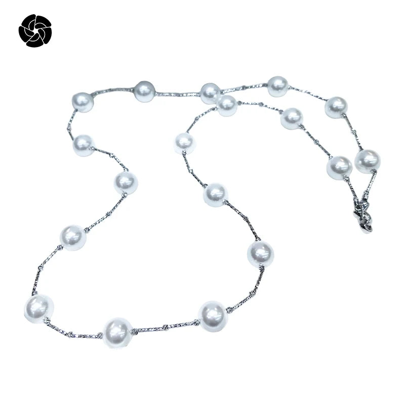 12mm Alloy Gold-PVD Plated Imitation Seawater Pearl Flower Design Beaded Jewelry Necklace & Sweater Chains for Gifts