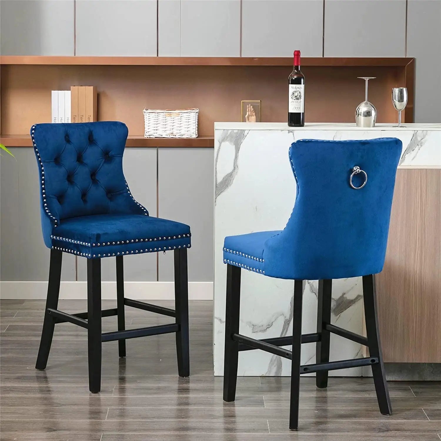 Modern Blue Velvet Upholstered Bar Stool with Rivet High Back and Wooded Foot American Style for Home School or Dining