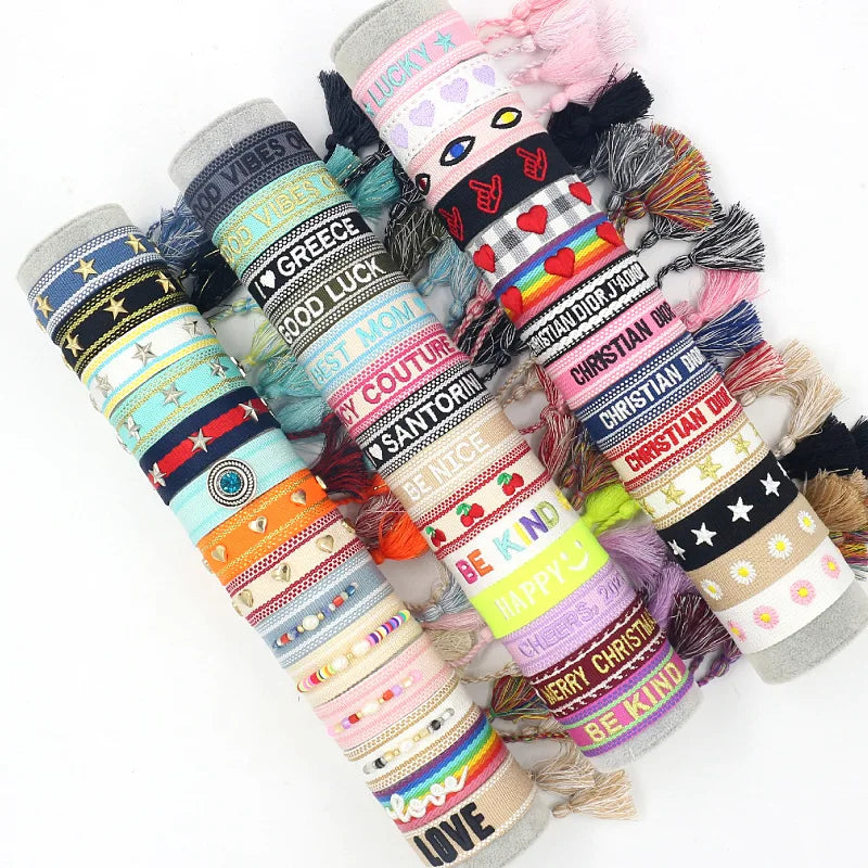 Wholesale Ethnic Style Embroidery Jacquard Webbing Tassel Braided Love Friendship Bracelet