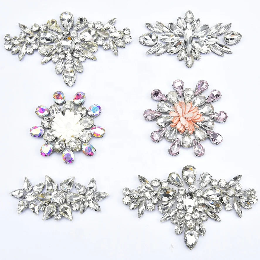 Crystal Rhinestone Bridal Hot Fix Flower Applique Patches for Wedding Dress Sash Shoes Bags Garment