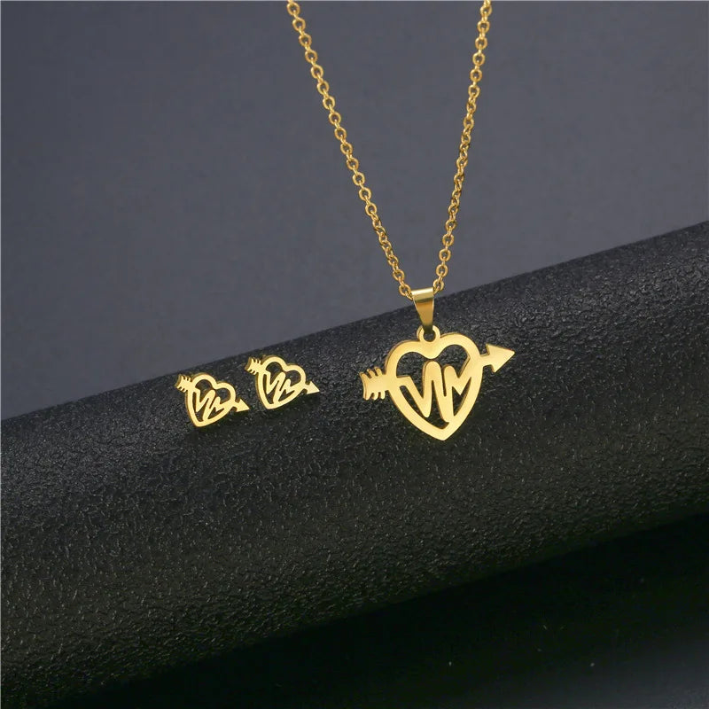 Heart Fashion Stainless Steel Jewelry Sets for Women Gold Color Pendants Earrings