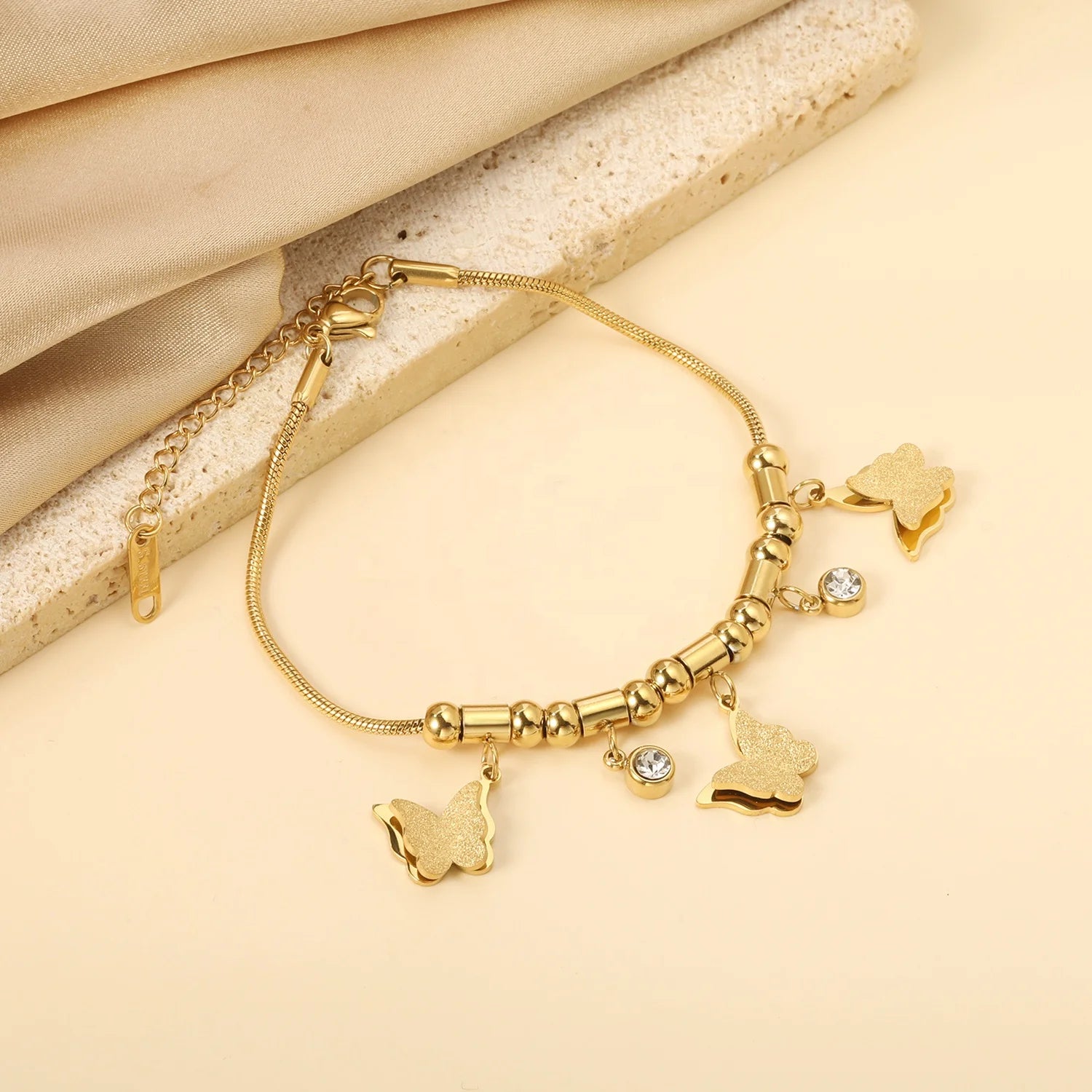 Women Bracelets Fashion 2024 Stainless Steel Gold Plated Butterfly Charm CZ Round Column Round Bead Bracelet for Girls Femme