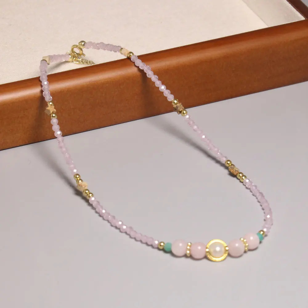 New Arrival Natural Stone Necklace Rose Quartz Beaded Clavicle Necklace Heart Shape Charm Trendy Choker for Women Girls Gift