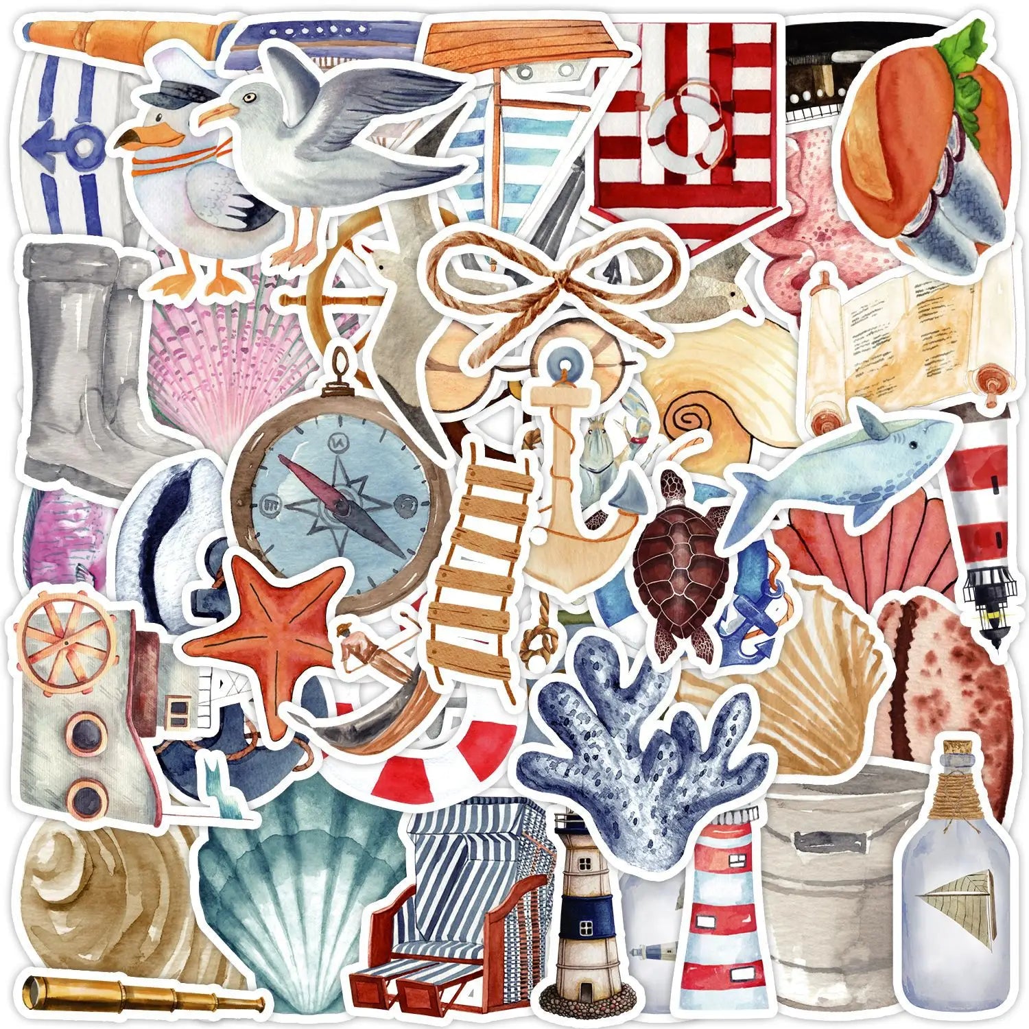 50PCS Marine Life Beacon Compass Aesthetic Nautical Anchor Boat Sailing Sticker