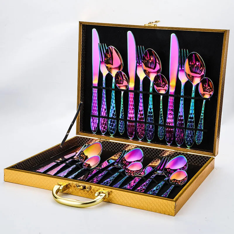 Best Seller Durable Water Cube Design 24 Piece Stainless Steel 18/0 Rainbow Kitchen Tableware Cutlery Flatware Gift Box Set