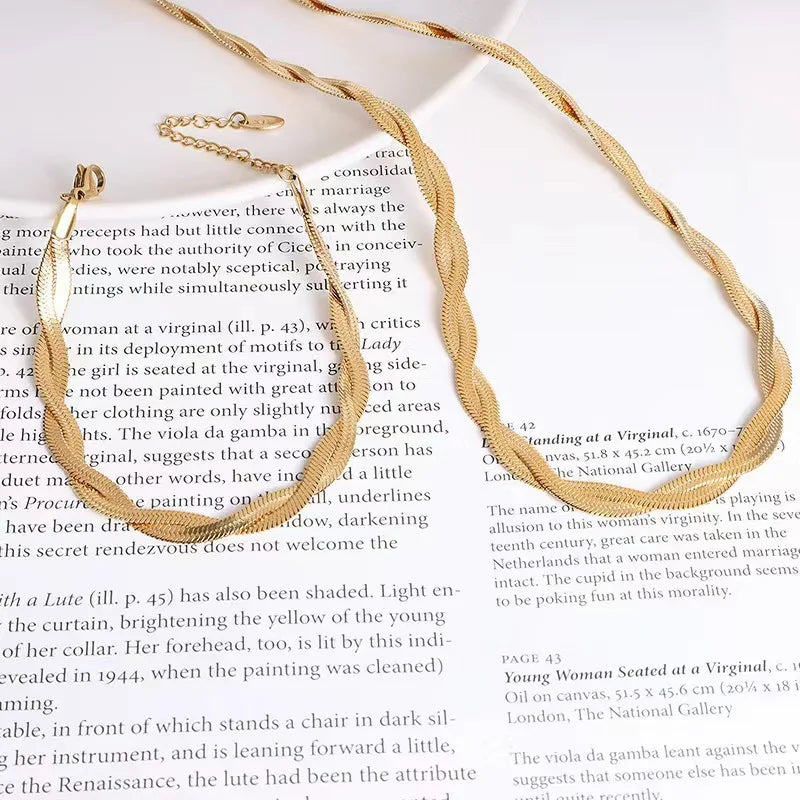 Double Layer Twist Flat Snake Chain Bracelet Stainless Steel Gold Necklaces Fashion Jewelry Sets Necklaces for Women
