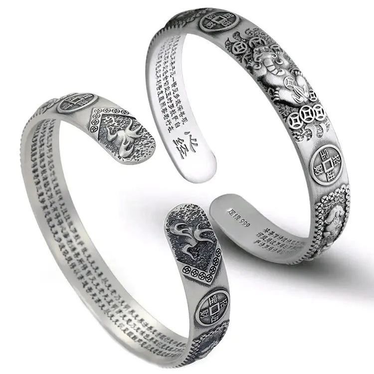 SC Vintage S999 Sterling Silver Relief Pixiu Bangles Bracelets Men Mindful Protection Lucky Wealth Prajna Heart Sutra Bangles