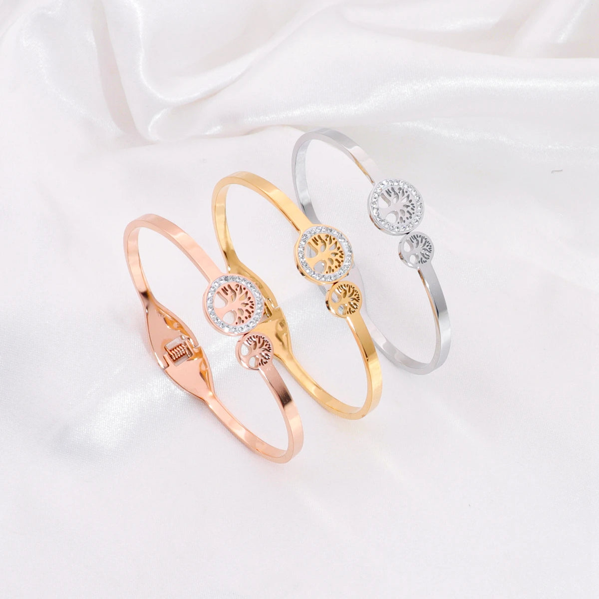 Wholesale Stainless Steel Rhinestone Charm Bracelet Jewelry Fashion Gold Plated Tree of Life Bangle for Women