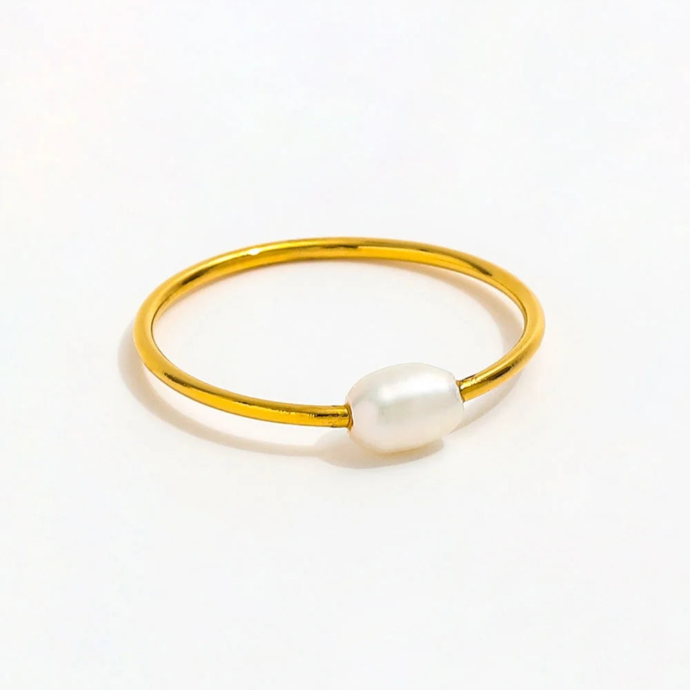 Anillo De Perlas Fine Jewelry Dainty Stainless Steel 18K Gold Plated Single Freshwater Pearl Bead Stylish Ring for Girls