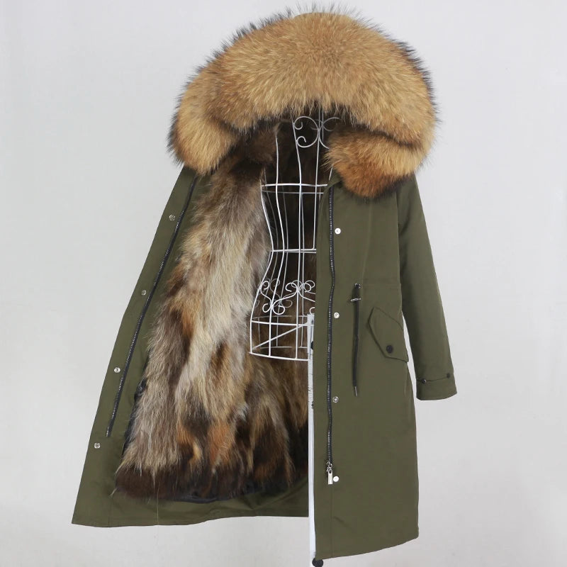OFTBUY 2023 Women's X-Long Parka Waterproof Winter Jacket Detachable Natural Raccoon Fur Hood Real Fox Fur Coat Zipper Windproof