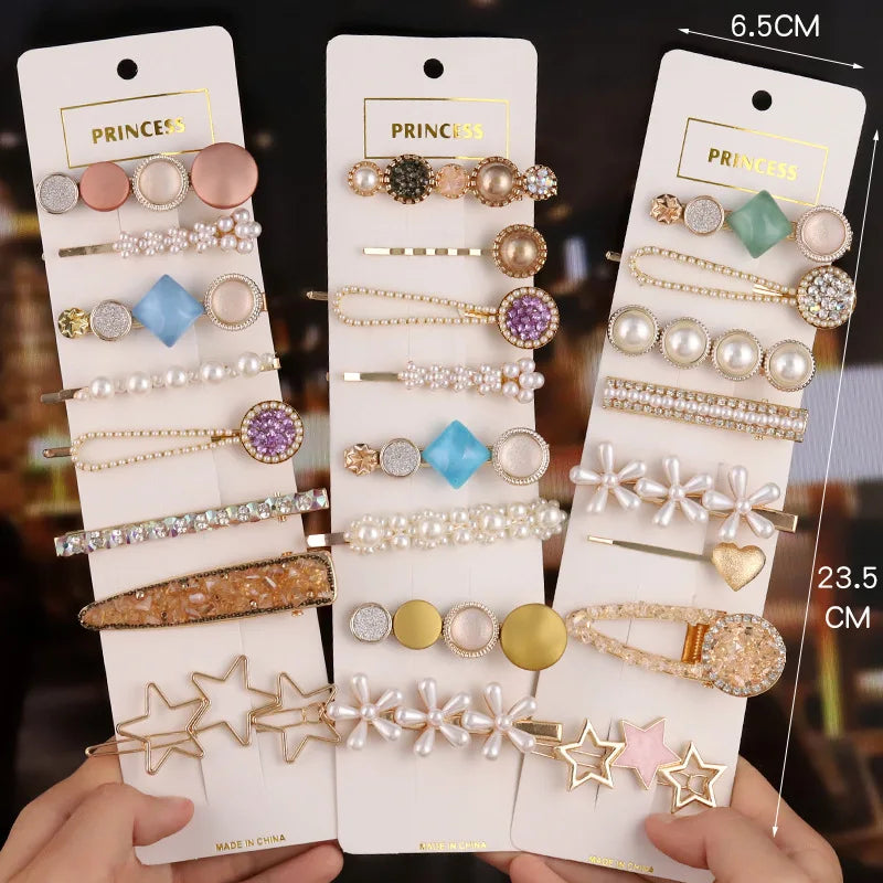 8pcs/set Vintage Fashion Korean Women Imitation Pearl Hair Clip Crystal Hair Grips Bobby Pin Barrette Hairpin Set