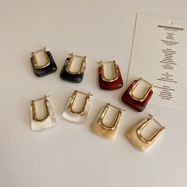 Women's Trendy Gold-Plated Transparent Resin Square Hoop Earrings Geometric Irregular Pearl Diamond for Parties and Gifts