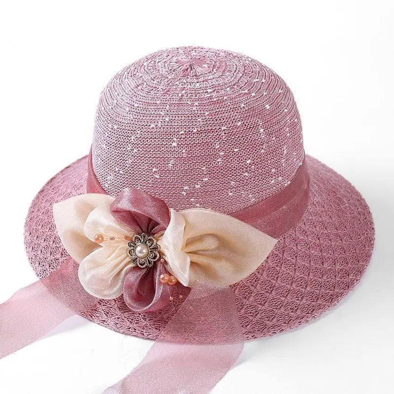 MIO Summer Elegant Women Bow Beach Hat Wide Brim Bucket Hat Fashion Ribbon Straw Hat With Pearl Sunshade for Travel