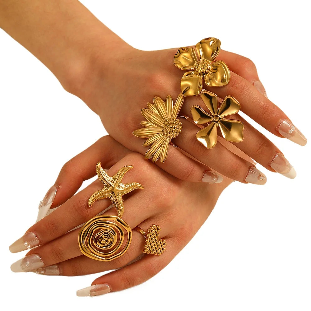 Adjustable Vintage Style Stainless Steel Flower Fashion Rings for Women 18K Gold Plated Exaggerated Party Jewelry