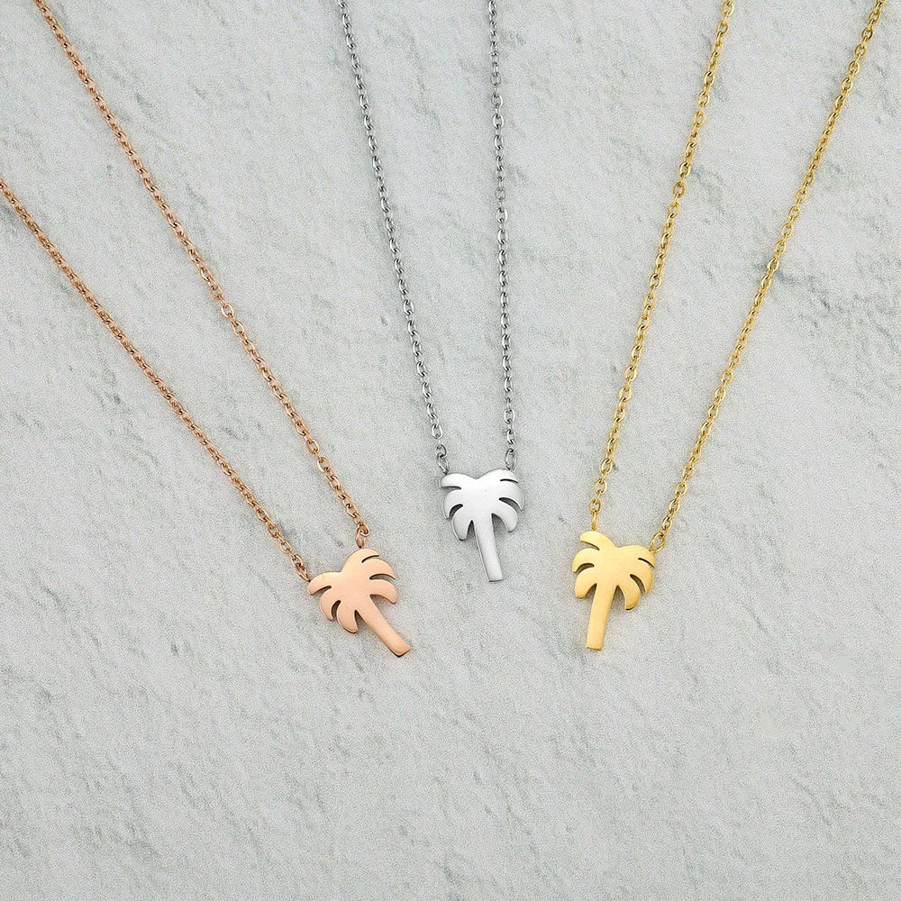 Summer Bohemian Stainless Steel Hawaii Palm Tree Pendant Women's Fine Jewelry Necklace Link Chain Gold Plated Best Gift