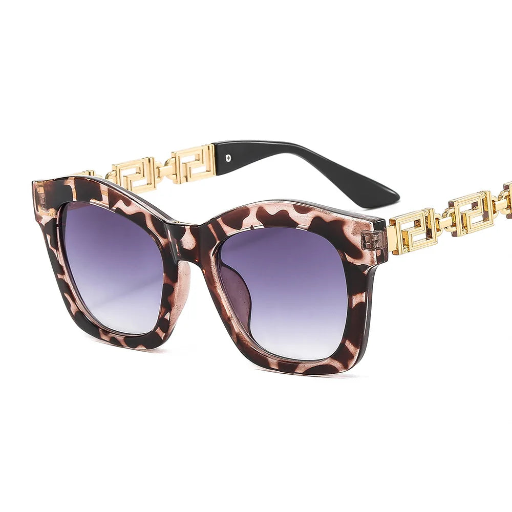ADE WU OT3208 Fashion Square Famous Sunglasses Women Oversize Metal Chain Temples Striped Print Vintage Glam Sun Glasses Eyewear