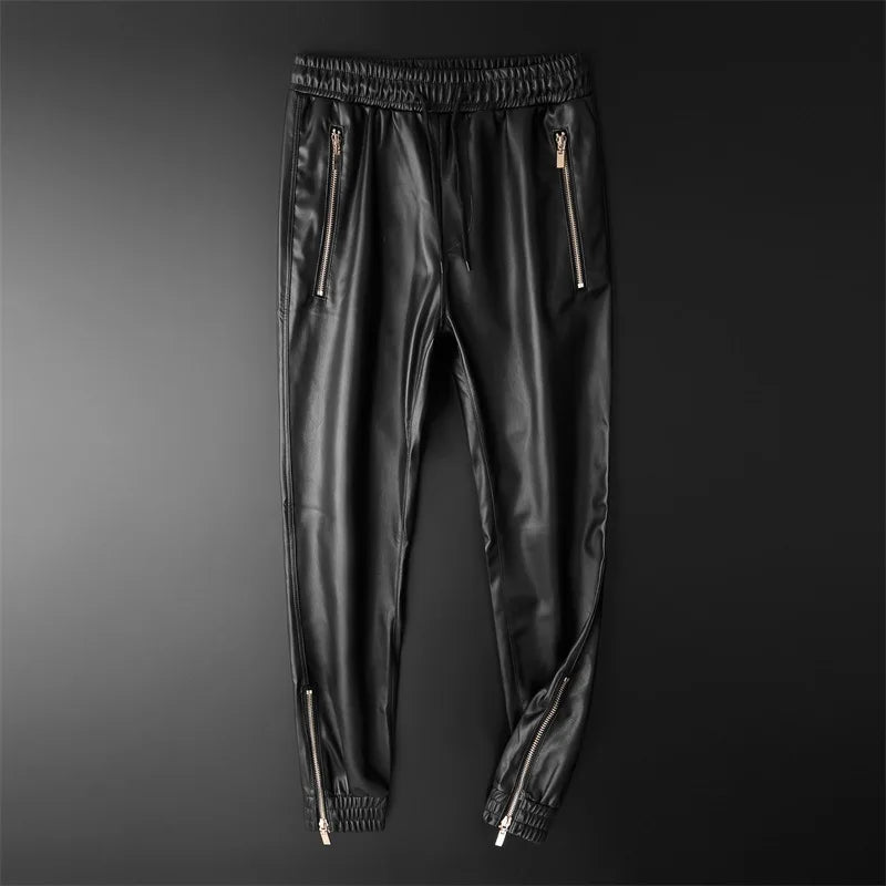 Brand Men Leather Pants Superior Quality Elastic Waist Jogger Pants Motorcycle Pocket Faux Leather Trousers Harem Pants