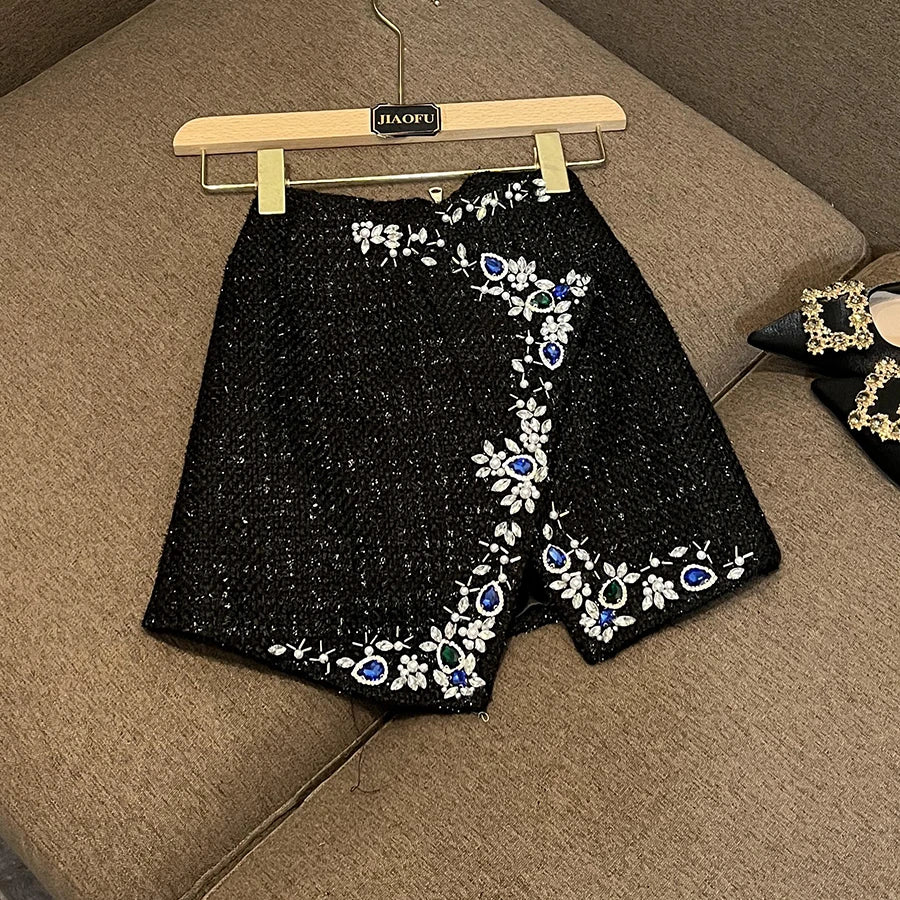 Luxury Fine Workmanship Lady Cloth Shining Rhinestone Irregular Hem Women High Waisted Tweed Mini Skirt