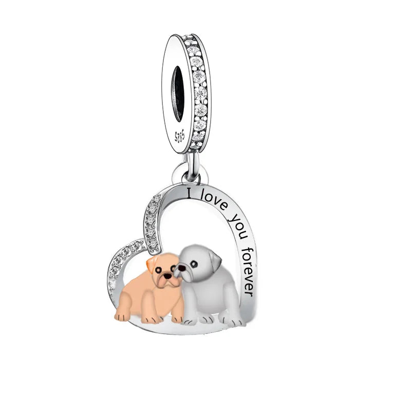 Fit Original Brand Charm Bracelet 925 Silver I Love You Forever English Bulldog Bead for Women Valentine's Day Jewelry Making