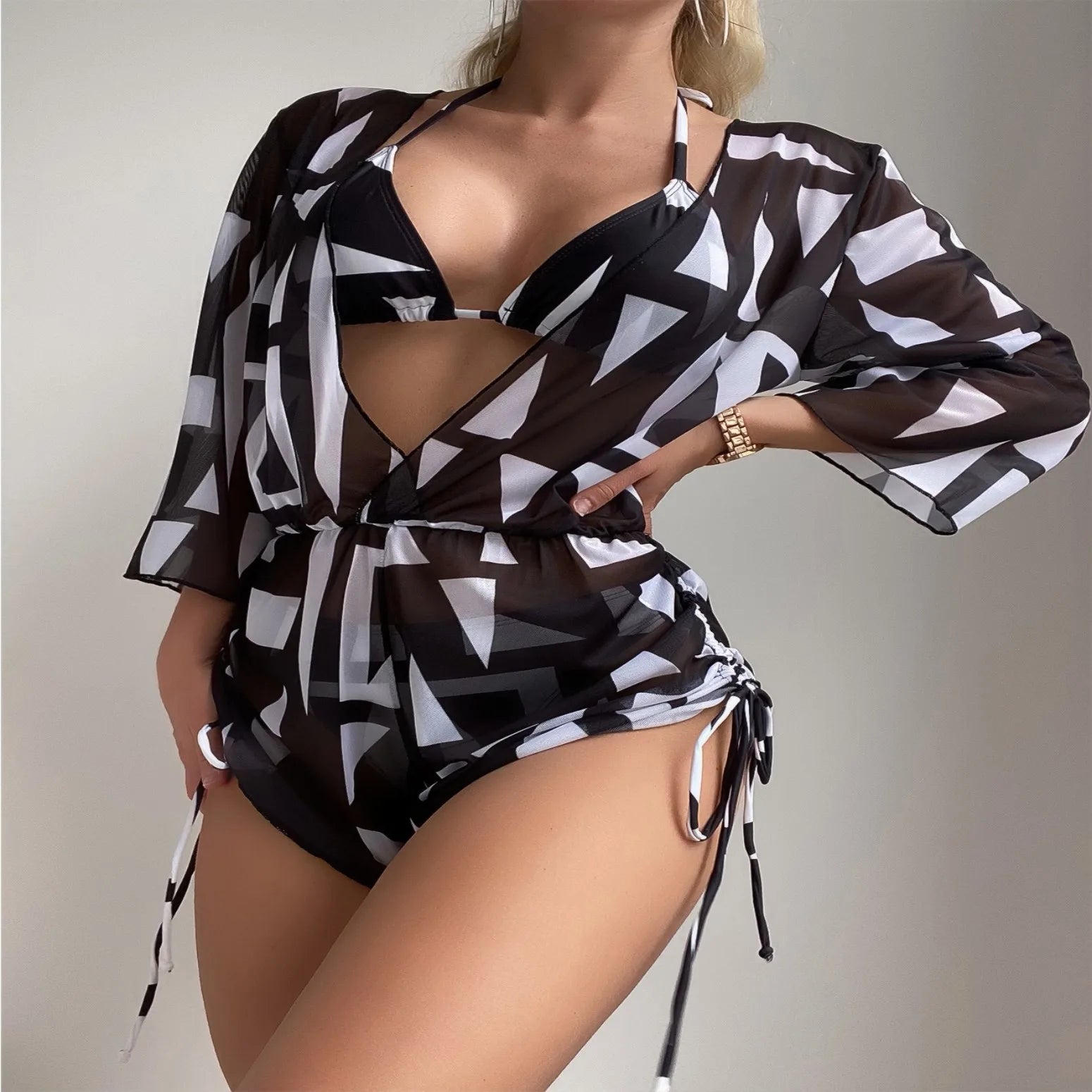 4 Piece Halter Bikini Swimsuit With Marble Print Triangle Swimsuit Women Cover up Elegant Bathing Suit Beach Wear Biquini