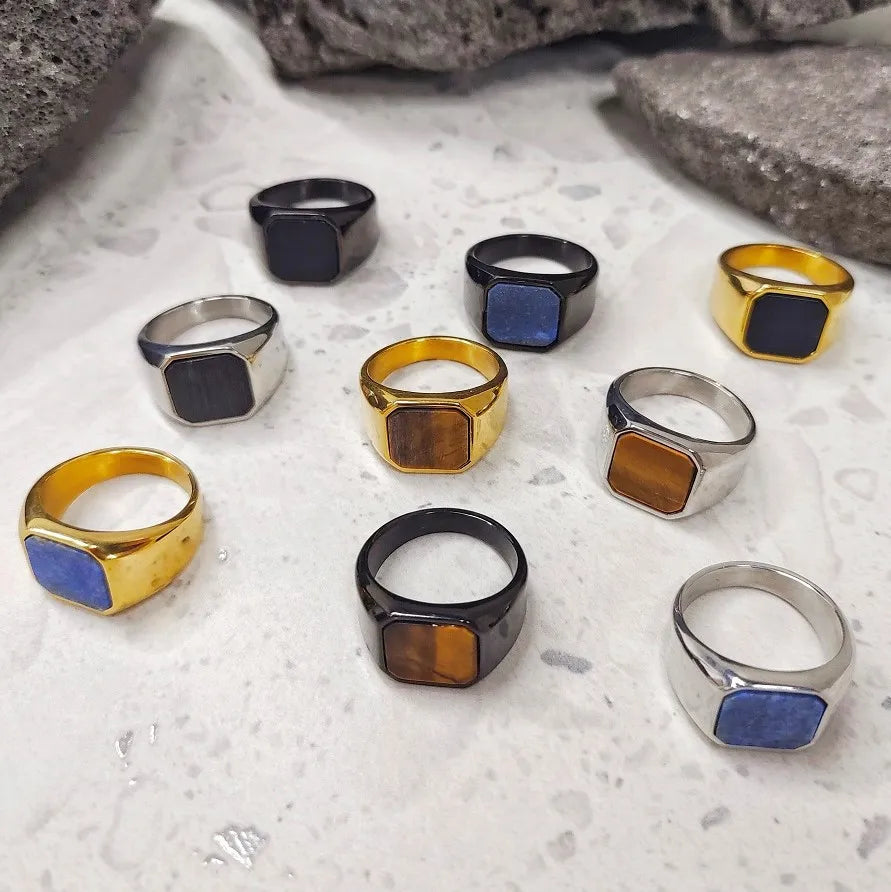 COOL VAF Natural Stone Lapis Lazuli Tiger Eye Black Onyx 18K Gold/Silver/Black Signet Ring Pierre Naturelle Obsidienne Piedra