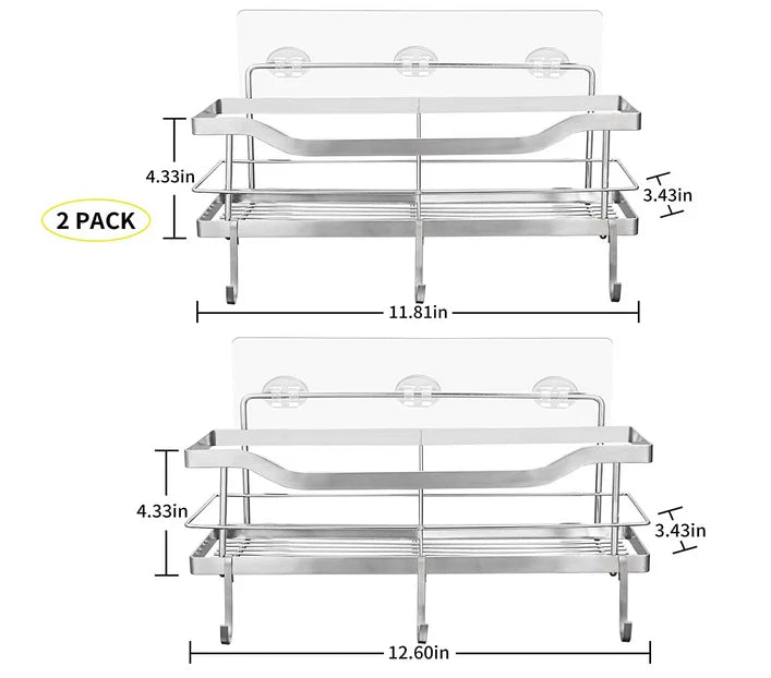 Modern Dual Tiers Self Adhesive SUS304 Traceless Bath Corner Shower Caddy Rack for Hotel Bathroom Storage with Hooks