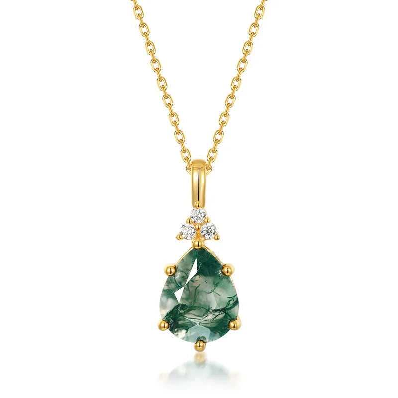 Kite Natural Moss Agate Pendant Necklace Solid 925 Silver 18K Gold Plated Halo CZ Pendant Women Dainty Pendants