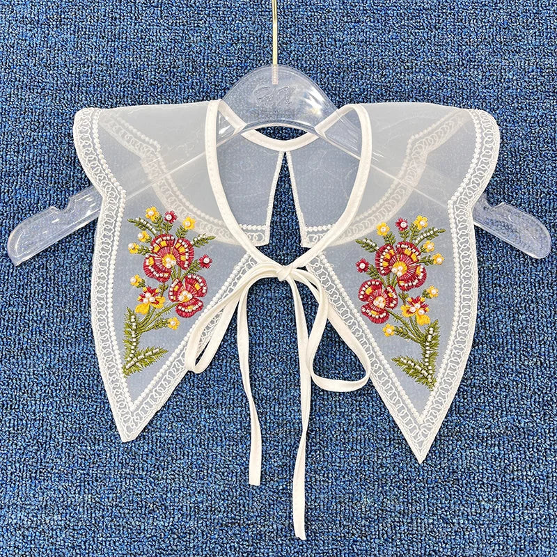 Red Embroidered Flower White Collar