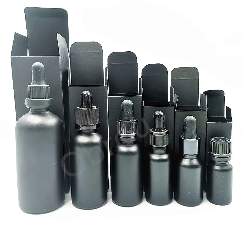 Wholesale No MOQ Inventory Glass Dropper Bottle 30ml Black Oil Dropper Bottle with 5ml 10ml 15ml 50ml 100ml Packing Box
