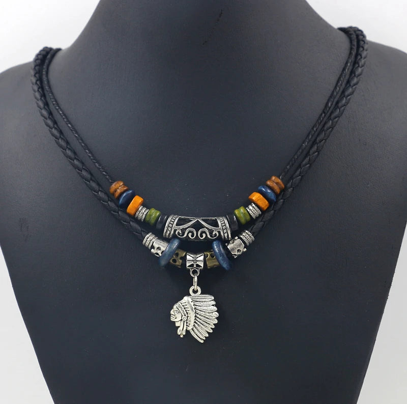 Ethnic Style Adjustable Size Leather Rope Beaded Ancient Silver Alloy Indian Pendant Necklace