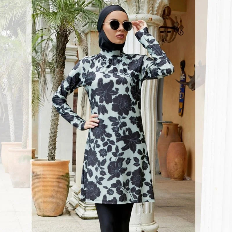 Women's 3pcs Floral Print Burkini Modest Swimwear with Hijab Islamic Sportswear Swimming Suit