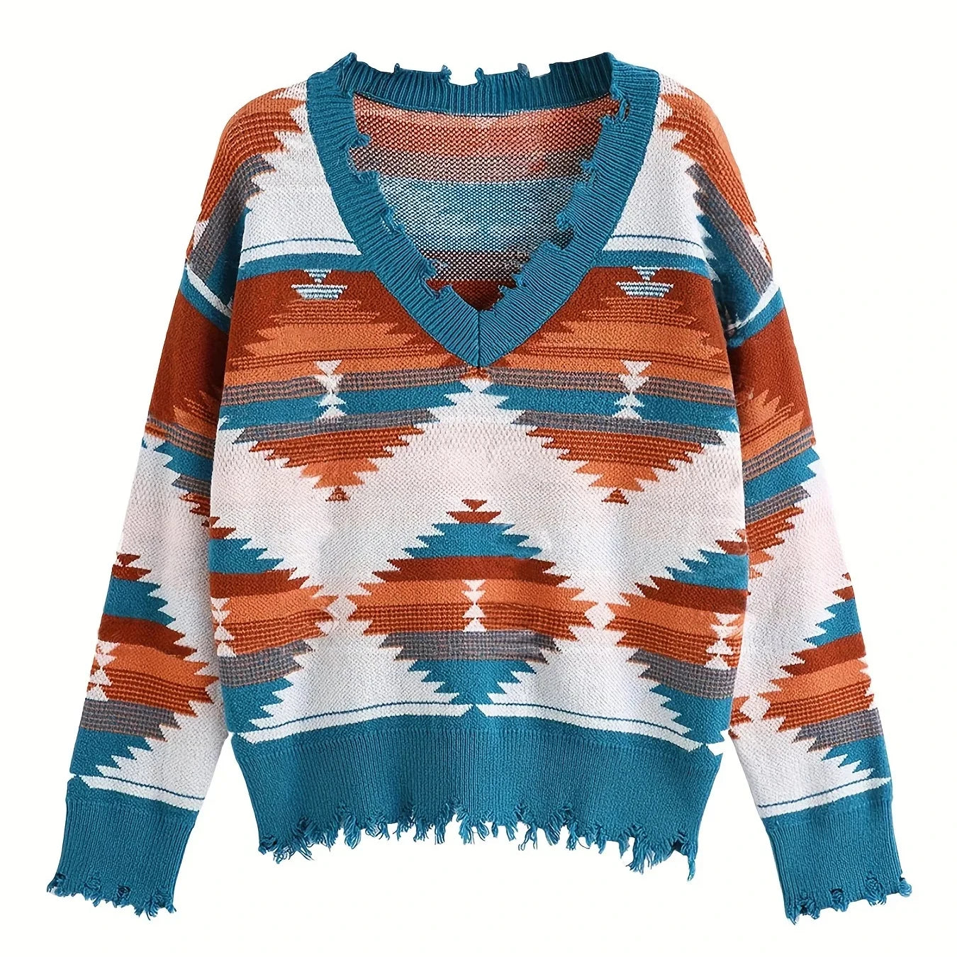 Hot Selling Autumn Winter Women Long Sleeve Distressed Sweaters V Neck Aztec Pattern Knitted Ladies Jumper Sweater