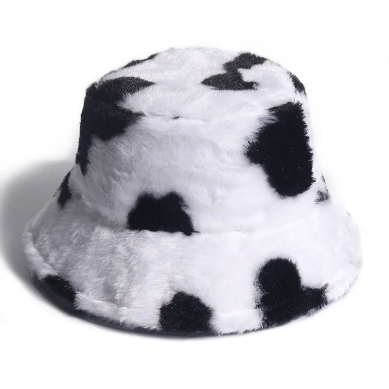 2021 Custom Logo Cow Print Design Women Winter Fisherman Plush Fluffy Furry Fuzzy Bucket Hat