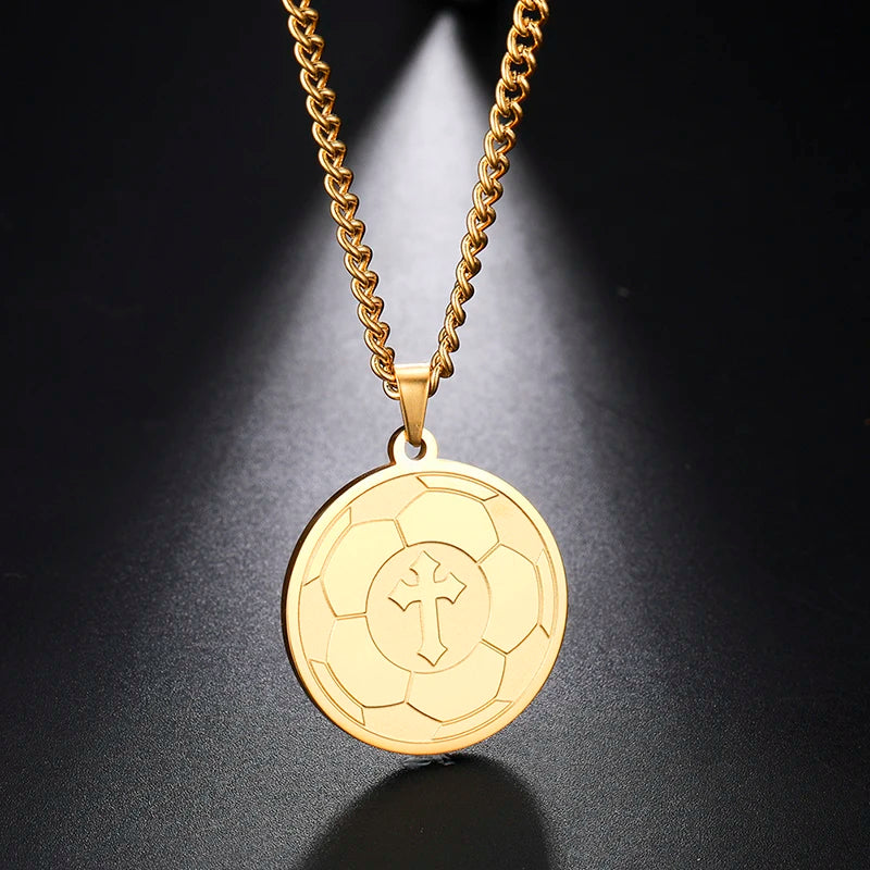 Personalized Unisex Soccer Pendant Necklace Custom Gold Cross Football Soccer Necklace Stainless Steel Sports Necklace