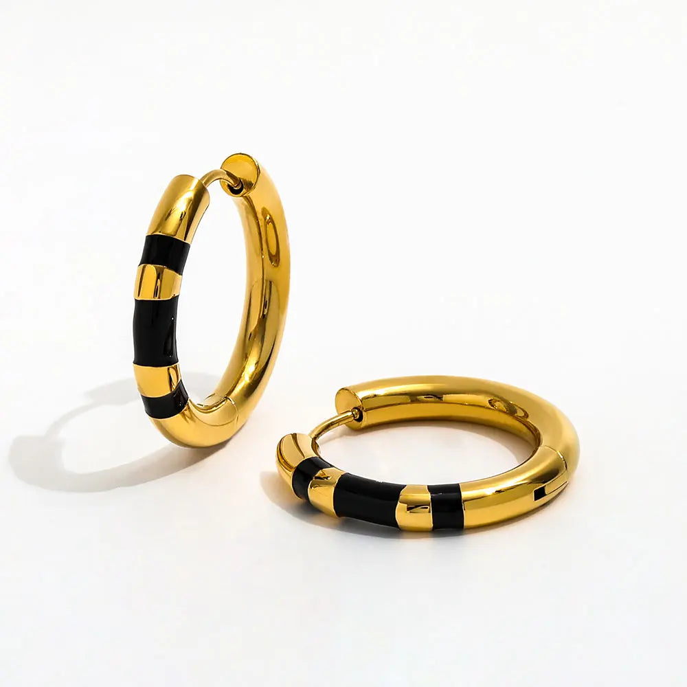 High End PVD 18K Gold Plated Basic Black Epoxy Huggie Earring Stainless Steel Simple Jewelry Wholesale