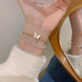 Korean Ins Gold Plated Double Layer Pearl Butterfly Bracelet Iced Out Cubic Zirconia Resin Butterfly Bangle Bracelet