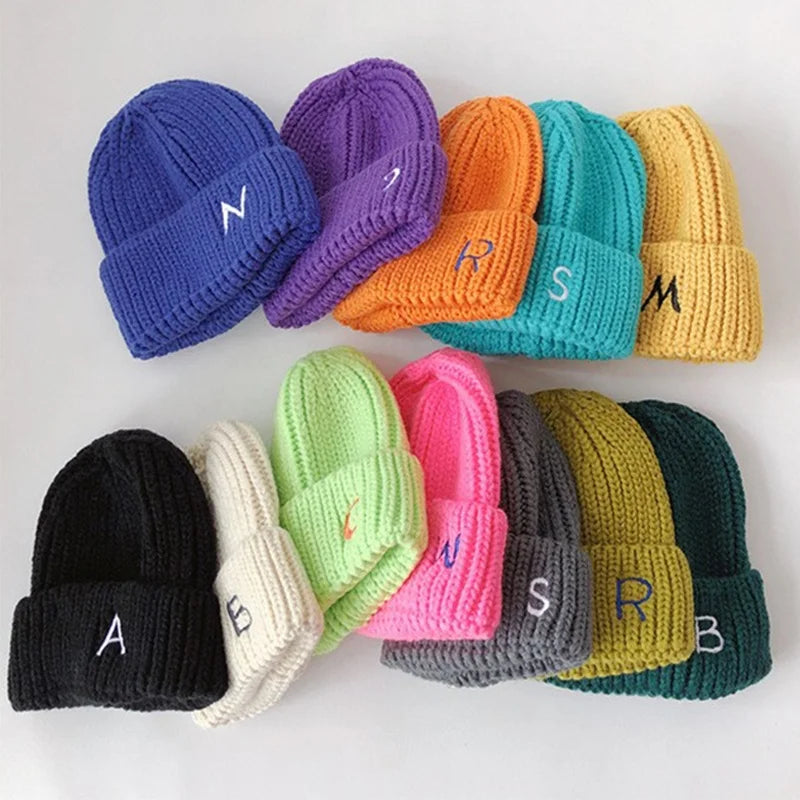 New Winter Hats for Kids Custom Beanie Jacquard Gorro Knitted Hat Children with Simple Letter Embroidery Cuff Beanie Hats