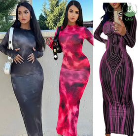 Women's Clothing 2024 Casual Dresses Women Lady Elegant Fashion Tie Dye Print Long Sleeve Slim Girl's Maxi Dress for Women