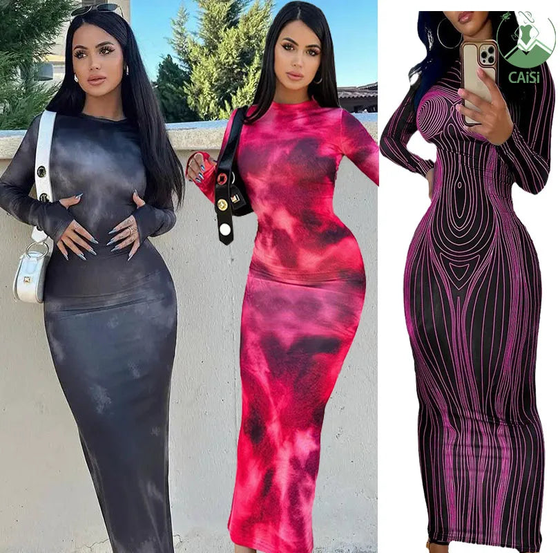 Women's Clothing 2024 Casual Dresses Women Lady Elegant Fashion Tie Dye Print Long Sleeve Slim Girl's Maxi Dress for Women
