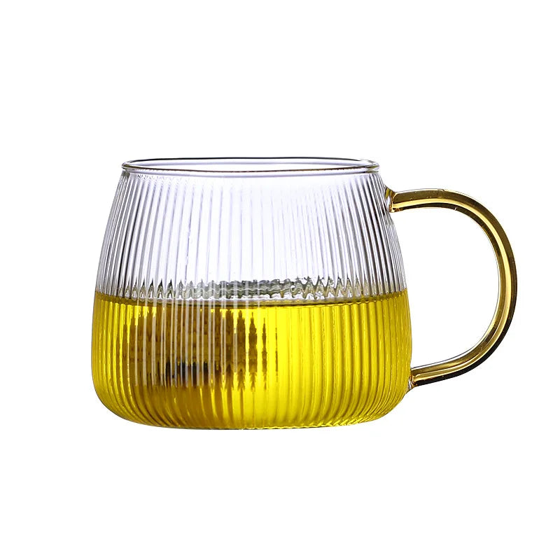 New Design Heat Resistant High Borosilicate clear Glass Oversized Hammered Glass Tea Cup with Yellow Color Handle