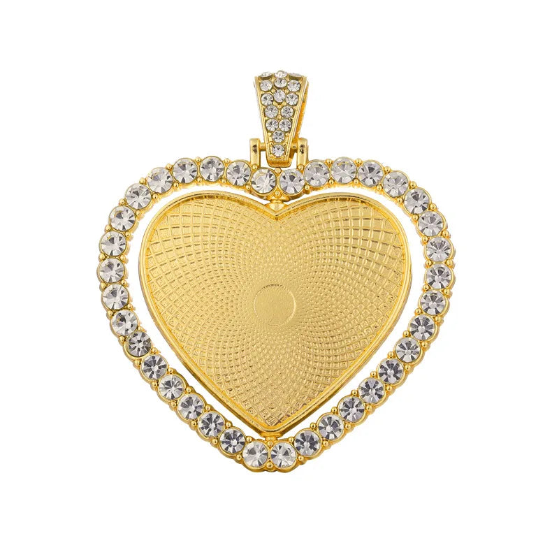30mm Wholesale Blank Heart Necklaces Rotatipm Iced Out Pendant Diamond Double Sided Photo Pendant Tray