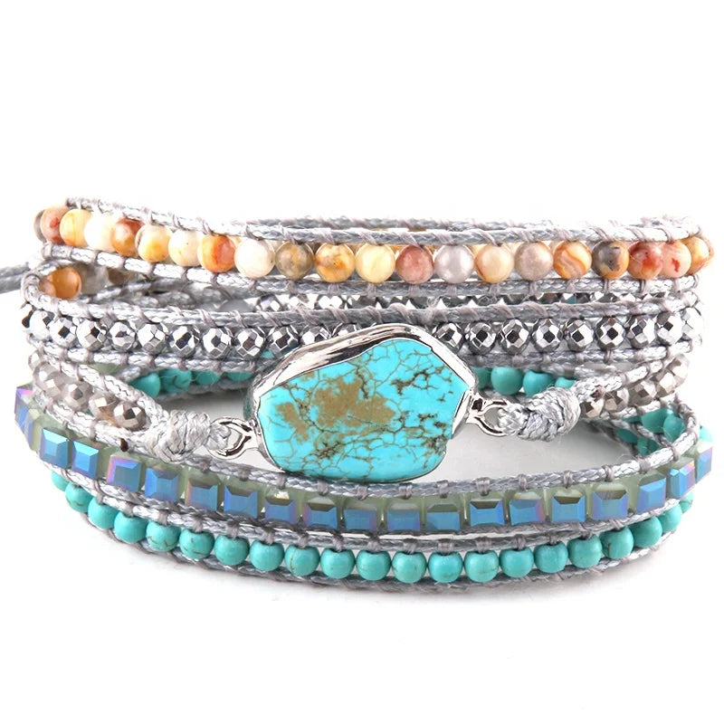 Women Beaded Bracelet Handmade Mixed Turquoise Stone Crystal  Beads Stone Charm 5 Strands Wrap Bracelets