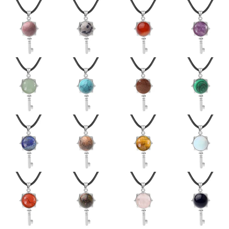 Silver Sun Frame Key Pendant Round Natural Crystal Inlay Necklace Chakra Healing Gemstone Key Charm Birthday Gift Jewelry