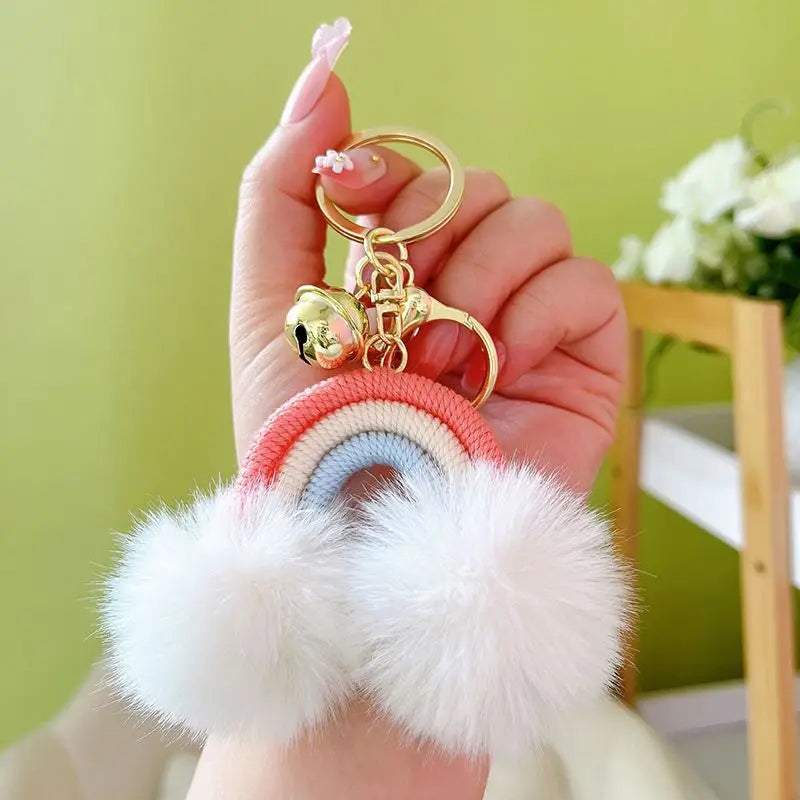 Bag Charms Decor Pendant Fiber Plush Accessory Pompom Small Bell Boho Rainbow Key Chains Boho Macrame Women Rainbow Keychain
