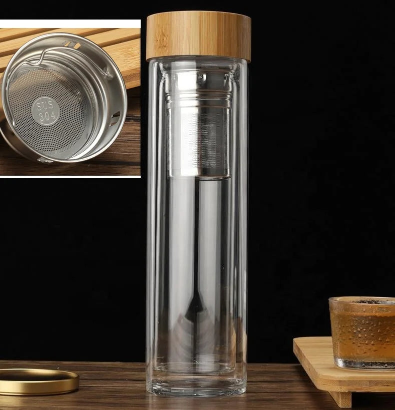 500ML Double Wall Glass Water Bottle with Bamboo Lid and Tea Infuser Business Gifts Classic Style