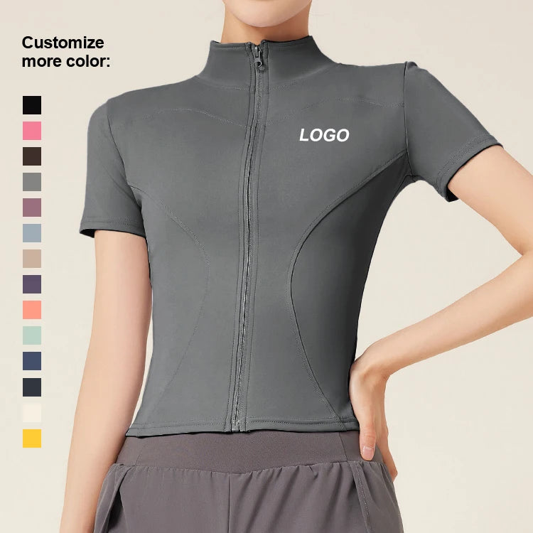 2024 Custom Women's Gym Zip-Up Jacket Soft Comfortable Short Sleeves Breathable Quick Dry Seamless Yoga Fitness Running Workout