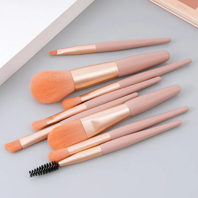 High Quality Wooden Handle Synthetic Private Label Beginner Mini Makeup Brush 8pcs Pink Cosmetic Brush Set