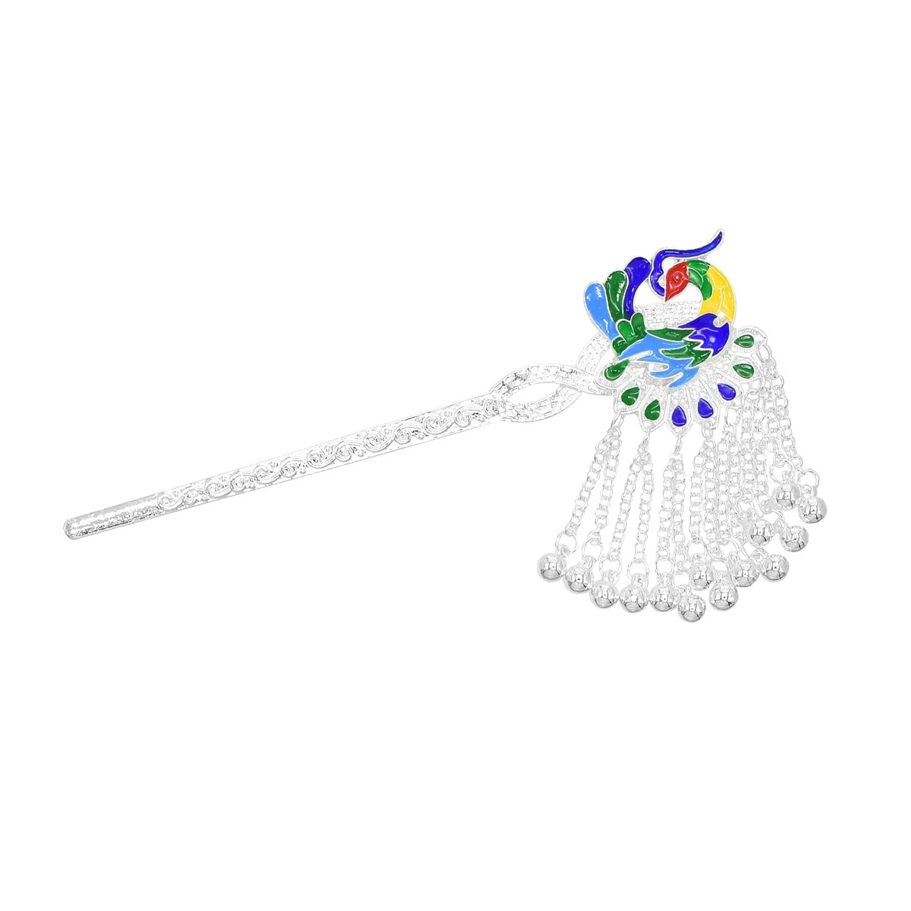 Silver Plated Peacock Tassel Hairpin for Women Long Chain Hair Sticks in Alloy Chopsticks for Wedding Anniversary Engagement